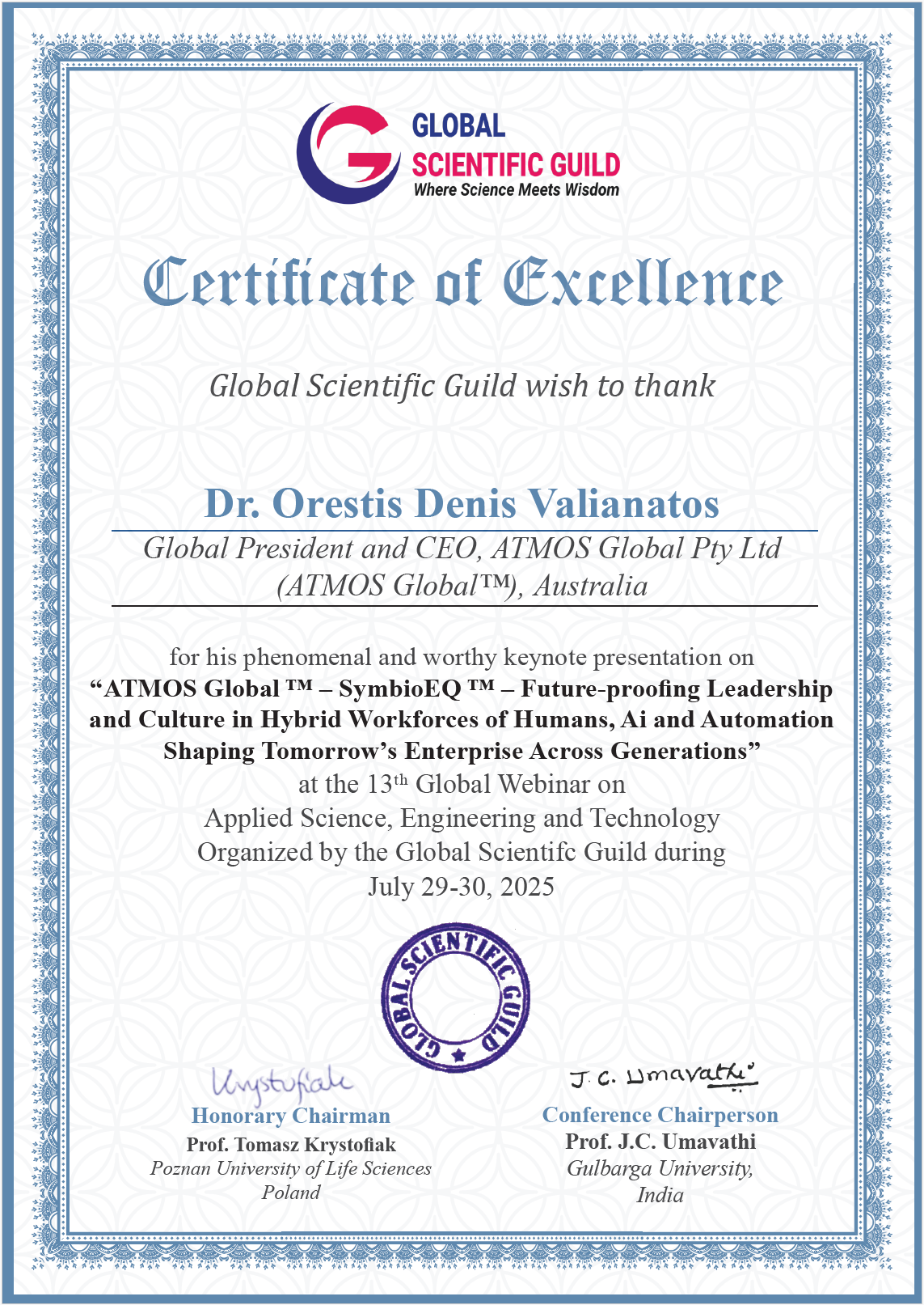 Certificate of Excellence - SymbioEQ Future-proofing Leadership and Culture in Hybrid Workforces